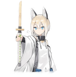 Rule 34 | 1girl, :&lt;, animal ear fluff, animal ears, blue eyes, blush, bridal gauntlets, closed mouth, cropped torso, detached sleeves, drawstring, fox ears, hair between eyes, holding, holding sword, holding weapon, light brown hair, long sleeves, original, outstretched arm, poco (asahi age), simple background, solo, sword, v-shaped eyebrows, weapon, white background, white sleeves, wide sleeves