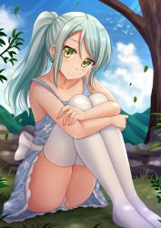 Rule 34 | 10s, 1girl, alternate hairstyle, ass, bang dream!, bare arms, bare shoulders, blue dress, blue sky, blurry, blurry background, blush, closed mouth, cloud, cloudy sky, commentary, day, depth of field, dress, english commentary, grass, green eyes, green hair, hair between eyes, highres, hikawa sayo, hugging own legs, kazenokaze, knees up, long hair, looking at viewer, mountain, no shoes, outdoors, panties, ponytail, sidelocks, sky, sleeveless, sleeveless dress, smile, solo, strap slip, thighhighs, tree, underwear, white panties, white thighhighs