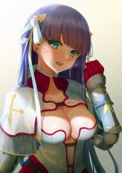 Rule 34 | 1girl, anger vein, armor, blue eyes, blush, breasts, capelet, chainmail, cleavage, clenched hand, commentary request, cross, fate/grand order, fate (series), gauntlets, hair ribbon, highres, large breasts, long hair, looking at viewer, manawana, martha (fate), open mouth, purple hair, ribbon, solo, upper body, very long hair, white ribbon