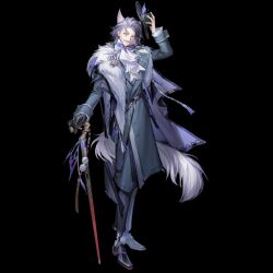 1boy animal_ears arknights ascot black_footwear cane coat full_body fur_scarf gloves grey_eyes harold_(arknights) hat_tip kang_yiqian_(self_cultivation) long_sleeves looking_at_viewer pants prosthesis prosthetic_leg purple_hair shoes single_glove smile solo tail wolf_ears wolf_tail