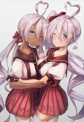 Rule 34 | 2girls, ahoge, azur lane, black necktie, black sailor collar, blue eyes, blush, bow, breasts, closed mouth, commentary request, cowboy shot, dark-skinned female, dark skin, expressionless, grey horns, hair bow, heart, heart-shaped pupils, heart ahoge, highres, horns, hug, indianapolis (at school with my sister...) (azur lane), indianapolis (azur lane), large breasts, long hair, looking at viewer, miniskirt, multiple girls, necktie, official alternate costume, one eye closed, open mouth, pink hair, pleated skirt, portland (at school with indy!) (azur lane), portland (azur lane), puffy short sleeves, puffy sleeves, red bow, red skirt, sailor collar, school uniform, serafuku, shirt, short sleeves, siblings, side ponytail, simple background, sisters, skirt, smile, suspender skirt, suspenders, symbol-shaped pupils, thighhighs, twintails, very long hair, white background, white shirt, white thighhighs, yu ni t