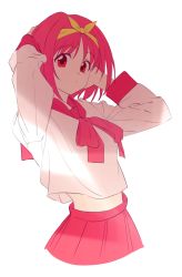 Rule 34 | 1girl, aquaplus, arms up, breasts, clothes lift, from side, hairband, highres, kamigishi akari, long sleeves, looking at viewer, midriff, midriff peek, newface, red eyes, red hair, red skirt, sailor collar, school uniform, shirt, shirt lift, short hair, sidelocks, skirt, small breasts, solo, to heart, to heart (series), upper body