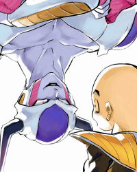 Rule 34 | 2boys, akame (chokydaum), armor, bald, crossed arms, d:, dragon ball, dragonball z, evil smile, eye contact, fingernails, frieza, horns, kuririn, looking at another, male focus, multiple boys, nervous, open mouth, profile, red eyes, scared, simple background, smile, sweatdrop, upside-down, white background, wide-eyed