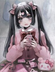 Rule 34 | 1girl, aegyo sal, black eyes, black hair, blush, bow, bowtie, cardigan, closed mouth, collared shirt, comb, commentary request, desk, elbows on table, grey background, hair bow, hands up, highres, holding, holding carton, indoors, long hair, long sleeves, looking at viewer, min (mts2314), notebook, original, pencil case, pink bow, pink cardigan, red bow, red bowtie, school desk, shirt, smile, solo, strawberry milk, syu-chan (min), twintails, upper body