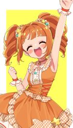 Rule 34 | 1girl, ^ ^, arm up, armpits, border, breasts, brown hair, brown scrunchie, choker, clenched hand, closed eyes, collarbone, cowboy shot, dot nose, dress, frilled dress, frills, hair ornament, hair scrunchie, hand up, highres, idolmaster, idolmaster (classic), open hand, open mouth, orange corset, orange dress, outside border, pink choker, plaid, plaid dress, plaid scrunchie, red wristband, scrunchie, sleeveless, sleeveless dress, small breasts, smile, solo, standing, star (symbol), star choker, star hair ornament, sukoyaka (100hituzi), takatsuki yayoi, teeth, twintails, underbust, upper teeth only, white border, yellow background
