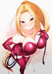 Rule 34 | 1girl, bare shoulders, blonde hair, breasts, cleavage, closed mouth, collarbone, dress, elbow gloves, gloves, holding, large breasts, long hair, looking at viewer, ponytail, red dress, red gloves, short dress, shynesslady, smile, solo, star ocean, star ocean the second story, strapless, to kifa, very long hair, whip