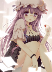 Rule 34 | 1girl, bespectacled, blush, bolo tie, bracelet, breasts, brown eyes, cherry, cleavage, cpu (hexivision), crescent, female focus, food, fruit, glasses, hat, holding, holding food, holding fruit, jewelry, long hair, looking at viewer, panties, pantyshot, patchouli knowledge, purple hair, red eyes, sitting, solo, touhou, underwear