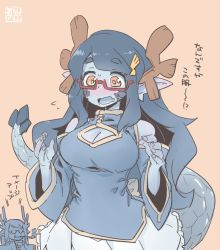 Rule 34 | antlers, blue hair, blue skin, blush, breasts, character request, cleavage, colored skin, eyebrows, glasses, hair ornament, hairclip, horns, long hair, monster girl, open mouth, pointy ears, raigou, semi-rimless eyewear, tail