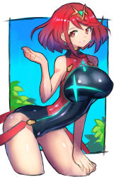 Rule 34 | 1girl, bent over, black one-piece swimsuit, breasts, competition swimsuit, cowboy shot, dakusuta, grin, highres, large breasts, nintendo, one-piece swimsuit, pyra (pro swimmer) (xenoblade), pyra (xenoblade), red eyes, red hair, short hair, smile, solo, swept bangs, swimsuit, tiara, xenoblade chronicles (series), xenoblade chronicles 2