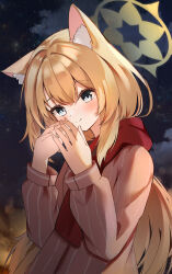Rule 34 | 1girl, absurdres, alternate costume, animal ear fluff, animal ears, blue archive, blue eyes, blush, brown coat, cat ears, closed mouth, coat, enpera, fingernails, hair between eyes, halo, highres, long hair, long sleeves, looking at viewer, mari (blue archive), moepu., orange hair, red scarf, scarf, smile, solo, striped coat, upper body, vertical-striped coat, yellow halo