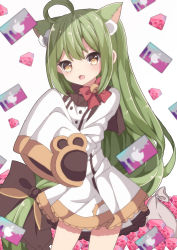 Rule 34 | 1girl, :d, absurdres, akashi (azur lane), animal ears, apple inc., azur lane, blurry, bow, card, cat ears, depth of field, diamond (gemstone), green hair, hair bow, hair ribbon, highres, logo, long hair, looking at viewer, low-tied long hair, open mouth, ribbon, sapphire (sapphire25252), sleeves past wrists, smile, solo, yellow eyes
