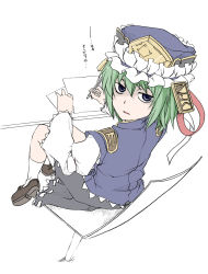 Rule 34 | 1girl, blue eyes, chair, elf (stroll in the woods), female focus, green hair, hat, highres, hmx99 elf, jitome, looking at viewer, pencil, shaded face, shiki eiki, sitting, skirt, socks, solo, touhou