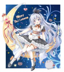Rule 34 | 1girl, black dress, black ribbon, boots, bow, bowtie, breasts, cleavage cutout, clothing cutout, commentary, crescent moon, dress, earrings, garter straps, gloves, grey hair, hair ribbon, heart, high heel boots, high heels, highres, holding, holding staff, jack-o&#039;-lantern, jewelry, korie riko, long hair, looking at viewer, moon, original, puffy short sleeves, puffy sleeves, purple eyes, red bow, red bowtie, ribbon, short dress, short sleeves, sitting, small breasts, solo, sparkle, staff, star (symbol), starry background, thighhighs, very long hair, white footwear, white gloves, white thighhighs