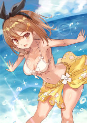 Rule 34 | 1girl, atelier (series), atelier ryza, atelier ryza 1, bikini, black hairband, blue sky, breasts, brown eyes, brown hair, cleavage, cloud, collarbone, commentary request, day, hair ornament, hairband, hairclip, halterneck, highres, looking at viewer, medium breasts, navel, ocean, outstretched arms, reisalin stout, short hair, sky, solo, standing, swimsuit, tecmo, white bikini, yagi2013