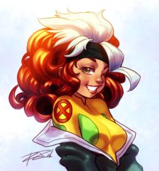Rule 34 | 10s, 1girl, animification, bad id, bad tumblr id, big hair, bodysuit, breasts, brown hair, freckles, green eyes, headband, jacket, lips, lipstick, makeup, marvel, md5 mismatch, medium breasts, multicolored clothes, multicolored hair, off shoulder, robaato, rogue (x-men), signature, skin tight, solo, two-tone hair, white hair, x-men