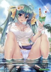 Rule 34 | 1girl, ;q, absurdres, ahoge, arms at sides, artist name, beach, bikini, bikini under clothes, blue eyes, blue sky, blush, breasts, cameltoe, cleavage, cloud, cloudy sky, cocktail, cocktail glass, collarbone, cup, day, drinking glass, drinking straw, feet, fingernails, food, frilled bikini, frills, fruit, glass, green eyes, groin, hair between eyes, hair ribbon, highres, jewelry, knees up, large breasts, light rays, long fingernails, long hair, looking at viewer, melonbooks, nail polish, necklace, ninoko-, ocean, one eye closed, original, outdoors, palm tree, partially submerged, pink nails, ribbon, sandals, scan, scrunchie, shell, shell necklace, shiny skin, shirt, short sleeves, sitting, sky, smile, solo, sunbeam, sunlight, swimsuit, toeless legwear, toenail polish, toenails, toes, tongue, tongue out, tree, twintails, water, white bikini, white shirt, wrist scrunchie, yellow ribbon