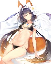 Rule 34 | 1girl, :&lt;, absurdres, animal ear fluff, animal ears, bare arms, bikini, black bikini, blush, breasts, brown hair, cape, closed mouth, collarbone, commentary request, covered erect nipples, fate/grand order, fate (series), flower, fox ears, fox girl, fox tail, glasses, gradient hair, groin, hair flower, hair ornament, hairband, head tilt, heart, highres, hood, hood down, hooded cape, jewelry, kemonomimi mode, long hair, looking at viewer, low twintails, lying, magatama, magatama necklace, medium breasts, multicolored hair, navel, necklace, on back, osakabehime (fate), osakabehime (foxy lady) (fate), parted lips, pom pom (clothes), purple eyes, red eyes, side-tie bikini bottom, sidelocks, silver (chenwen), simple background, solo, stomach, swimsuit, tail, twintails, very long hair, white background, white cape, white flower, white hairband