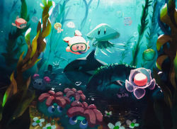 Rule 34 | acro (kirby), afloat, blipper, bubble, character request, creature, day, diving, diving mask, fish, flower, goggles, gordo, grass, highres, jellyfish, kine (kirby), kirby, kirby (series), nintendo, ocean, seaweed, shark, suyasuyabi, swimming, tentacles, underwater, waddle dee