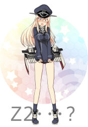 Rule 34 | 1girl, alternate costume, bad id, bad pixiv id, bismarck (kancolle), blonde hair, blush, breasts, clothes writing, cosplay, dress, embarrassed, engiyoshi, gloves, hat, kantai collection, large breasts, long hair, open mouth, peaked cap, personification, sailor collar, sailor dress, shirt tug, shoes, socks, solo, standing, z1 leberecht maass (kancolle) (cosplay), z1 leberecht maass (kancolle)