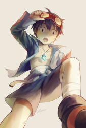 Rule 34 | 00s, 1boy, black eyes, blue hair, goggles, goggles on head, jacket, jewelry, looking at viewer, male focus, necklace, noeyebrow (mauve), open clothes, open mouth, short hair, shorts, signature, simon (ttgl), simple background, solo, tengen toppa gurren lagann