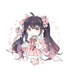 Rule 34 | 1girl, ahoge, alternate hair color, black hair, bow, bowtie, bracelet, branch, cherry blossom print, cherry blossoms, chibi, circle, closed mouth, colored tips, commentary, dress, fenghu (huli), floral print, flower, gradient hair, hair bow, hair flower, hair ornament, hatsune miku, holding, holding branch, jewelry, long hair, long sleeves, looking at viewer, multicolored hair, official alternate costume, pink bow, pink dress, pink eyes, pink theme, red bow, red bowtie, sakura miku, smile, solo, standing, symbol-only commentary, vocaloid, white background