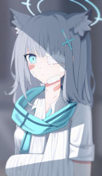 Rule 34 | animal ears, arm sling, bandages, bandaid, blue archive, blue eyes, blurry, blurry background, bruise, bruise on face, eyepatch, grey hair, hair ornament, halo, highres, injury, looking at viewer, necktie, scarf, shiroko (blue archive), shirt, sleeves rolled up, vialle, white shirt