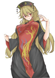Rule 34 | 1girl, absurdres, blonde hair, blush, breasts, chinese clothes, closed mouth, commentary request, crescent, dress, grey dress, grey hat, hair between eyes, hands up, hat, highres, junko (touhou), kuraki, long hair, long sleeves, looking to the side, medium breasts, phoenix crown, pom pom (clothes), red eyes, simple background, smile, solo, standing, tabard, touhou, white background, wide sleeves