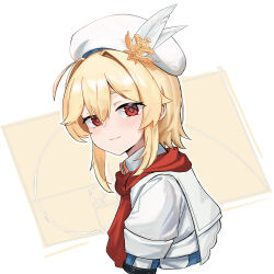 Rule 34 | 1girl, beret, blonde hair, blush, girls&#039; frontline, girls&#039; frontline 2: exilium, golden spiral, hair intakes, hat, hat feather, highres, looking at viewer, nagant revolver (girls&#039; frontline), red eyes, red scarf, scarf, shenqi xiaohuang, short hair, simple background, smile, solo, upper body