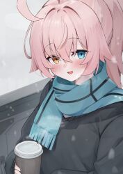 Rule 34 | 1girl, absurdres, aged down, ahoge, aqua scarf, black cardigan, blue archive, blue eyes, blush, cardigan, cold, commentary request, cup, disposable cup, hair between eyes, hair flaps, hair intakes, heterochromia, highres, holding, holding cup, hoshino (blue archive), hoshino (young) (blue archive), huge ahoge, kuroshiro kanae, long sleeves, open mouth, pink hair, puffy long sleeves, puffy sleeves, scarf, snowing, solo, upper body, yellow eyes