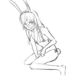 Rule 34 | 1girl, animal ears, bikini, blush, breasts, fake animal ears, glasses, lineart, long hair, looking at viewer, micro bikini, monochrome, open mouth, perrine h. clostermann, rabbit ears, shiri chin, sketch, small breasts, solo, strike witches, swimsuit, world witches series
