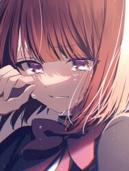 Rule 34 | 1girl, absurdres, arima kana, blue jacket, blunt bangs, bob cut, bow, bowtie, chromatic aberration, close-up, commentary, crying, crying with eyes open, floating hair, hane kxs, highres, inverted bob, jacket, light particles, looking at viewer, medium hair, muted color, oshi no ko, portrait, red bow, red bowtie, red hair, school uniform, shadow, sidelighting, solo, sparkle, tears, youtou high school uniform