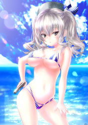 Rule 34 | 1girl, bikini, blue eyes, blue sky, breasts, cleavage, cloud, cowboy shot, day, gun, handgun, highres, horizon, kantai collection, kashima (kancolle), kurimuzon, large breasts, long hair, looking at viewer, ocean, outdoors, pistol, pocket pistol, sidelocks, silver hair, sky, solo, striped bikini, striped clothes, swimsuit, twintails, walther, walther ppk, wavy hair, weapon