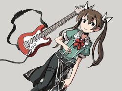 Rule 34 | 1girl, brown eyes, brown hair, dutch angle, electric guitar, grey background, guitar, hair ribbon, instrument, kantai collection, pelvic curtain, ribbon, sixten, smile, solo, tone (kancolle), twintails
