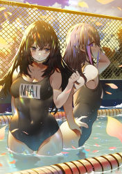 Rule 34 | 2girls, absurdres, artist name, backlighting, bare arms, bare shoulders, black hair, blush, breasts, brown eyes, bsue, caustics, chain-link fence, character name, cleavage, closed mouth, cloud, cloudy sky, collarbone, commentary request, covered navel, fence, flat chest, girls&#039; frontline, green hair, hand on own hip, hand up, has bad revision, highres, huge filesize, long hair, looking at viewer, looking to the side, m4a1 (girls&#039; frontline), mask pull, medium breasts, multicolored hair, multiple girls, one-piece swimsuit, outdoors, petals, pool, profile, purple eyes, purple hair, school swimsuit, sidelocks, sky, st ar-15 (girls&#039; frontline), standing, streaked hair, sunlight, swimsuit, thighs, wading, water