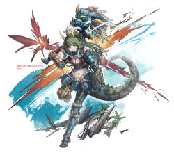 Rule 34 | 1girl, absurdres, arknights, armored boots, boots, breasts, brown eyes, closed mouth, commentary, crocodilian tail, english commentary, facial mark, franlol, full body, gauntlets, gavial (arknights), green hair, highres, holding, holding weapon, horns, long hair, looking at viewer, medium breasts, monster hunter (series), navel, pointy ears, ponytail, smile, solo, standing, standing on one leg, tail, very long hair, weapon, white background