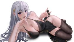 Rule 34 | 1girl, :d, bare arms, bare shoulders, black dress, black thighhighs, blush, breasts, character request, cleavage, copyright request, dice, dress, groin, holding dice, long hair, looking at viewer, lying, night, no shoes, on side, open mouth, po ppe, purple eyes, simple background, sleeveless, sleeveless dress, smile, solo, thighhighs, thighs, white background, white hair