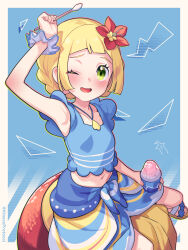 Rule 34 | 1girl, alternate costume, arm up, artist name, blonde hair, blue background, blue scrunchie, blue shirt, border, cosplay, creatures (company), flower, food, game freak, gloria (pokemon), gloria (pokemon) (cosplay), gloria (summer 2021) (pokemon), green eyes, hair flower, hair ornament, hibiscus, highres, holding, holding spoon, jewelry, kinocopro, lillie (pokemon), looking at viewer, midriff, navel, necklace, nintendo, one eye closed, open mouth, pokemon, pokemon masters ex, pokemon sm, red flower, scrunchie, shaved ice, shirt, sleeveless, solo, spoon, white border, wrist scrunchie