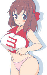 Rule 34 | 1girl, :o, absurdres, bare shoulders, breasts, brown eyes, brown hair, collarbone, girls und panzer, headband, highres, kondou taeko, large breasts, long hair, looking at viewer, midriff, navel, panties, parted lips, pink panties, red headband, shadow, shirt, simple background, solo, thick thighs, thighs, underwear, white background, yabai gorilla