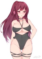 Rule 34 | 1girl, bare shoulders, bikini, black bikini, black one-piece swimsuit, blush, bow, breasts, brown hair, cleavage, dated, girls&#039; frontline, hair ribbon, hand on own hip, kuavera, large breasts, long hair, o-ring, o-ring top, official alternate costume, one-piece swimsuit, ribbon, simple background, solo, swimsuit, thigh gap, thighs, twitter username, wa2000 (girls&#039; frontline), wa2000 (op. manta ray) (girls&#039; frontline), white background, wide hips