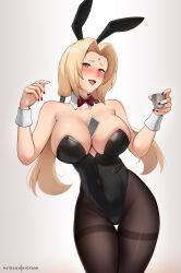 Rule 34 | 1girl, alternate costume, between breasts, black leotard, blonde hair, blush, bow, bowtie, breasts, brown eyes, card, card between breasts, cup, detached collar, drunk, facial mark, forehead mark, hair intakes, highleg, highleg leotard, highres, hioyami, holding, holding cup, large breasts, leotard, long hair, low twintails, naruto (series), open mouth, pantyhose, playboy bunny, red bow, red bowtie, red nails, simple background, solo, sweat, thigh gap, thighband pantyhose, tsunade (naruto), twintails, white background, wrist cuffs