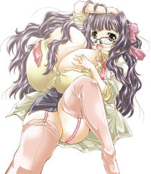 Rule 34 | 1girl, breasts, bursting breasts, cleavage, garter belt, gigantic breasts, glasses, huge breasts, long hair, matsuyama seiji, necktie, open clothes, open mouth, open shirt, purple hair, seiji matsuyama, shirt, smile, solo, thighhighs, very long hair