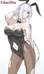Rule 34 | 1girl, animal ears, arknights, arm up, armpits, black bow, black bowtie, black leotard, bow, bowtie, braid, breasts, brown pantyhose, character name, cleavage, closed mouth, clothing cutout, contrapposto, detached collar, eyes visible through hair, fake animal ears, fake tail, female pubic hair, gladiia (arknights), grey hair, hair over one eye, highres, large breasts, laserflip, leotard, long hair, looking at viewer, navel, navel cutout, navel piercing, pantyhose, piercing, playboy bunny, pubic hair, rabbit ears, rabbit tail, red eyes, single braid, smile, solo, strapless, strapless leotard, tail, torn clothes, torn pantyhose, very long hair