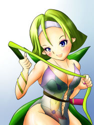 Rule 34 | 1990s (style), 1girl, blue eyes, blush, breasts, cleavage, female focus, final fantasy, final fantasy v, gradient background, green hair, highres, leotard, magissa, open mouth, retro artstyle, short hair, sneezy, solo, whip