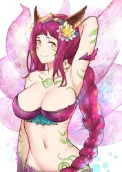 Rule 34 | 1girl, absurdres, ahri (league of legends), alternate costume, alternate hair color, alternate hairstyle, animal ears, arm behind head, arm up, braid, breasts, cleavage, collarbone, flower, fox ears, fox tail, groin, hair flower, hair ornament, highres, horns, large breasts, league of legends, long hair, multiple tails, navel, pink hair, smile, solo, stomach, tail, wei miao, white flower, yellow eyes