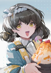 Rule 34 | 1girl, :d, absurdres, arknights, black hair, blue jacket, bowl, character name, commentary request, dezhouyou touguigui, food, gradient background, grey background, hachimaki, hair between eyes, headband, highres, holding, holding bowl, jacket, long sleeves, looking at viewer, magallan (arknights), magallan (shaved-ice memories) (arknights), multicolored hair, nejiri hachimaki, official alternate costume, open mouth, short hair, smile, solo, streaked hair, upper body, white background, white hair, yellow eyes