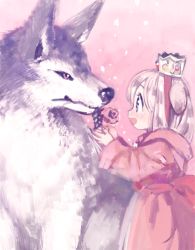 Rule 34 | 1girl, :d, amezawa koma, animal ears, blonde hair, blush, child, copyright request, crown, dog ears, dress, ears down, flower, from side, long sleeves, open mouth, pink dress, princess, profile, red flower, red rose, rose, smile, solo, wolf