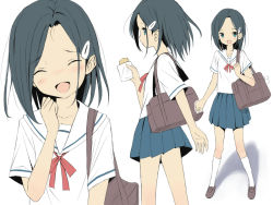 Rule 34 | 1girl, :d, ^ ^, bag, black hair, blue skirt, blush, bow, brown footwear, closed eyes, closed mouth, collarbone, commentary request, croquette, facing viewer, food, green eyes, hair ornament, hairclip, head tilt, holding, holding food, kimagure blue, kneehighs, loafers, long hair, looking at viewer, multiple views, open mouth, original, parted bangs, pleated skirt, red bow, sailor collar, school bag, school uniform, serafuku, shirt, shoes, short sleeves, skirt, smile, socks, standing, white background, white sailor collar, white shirt, white socks