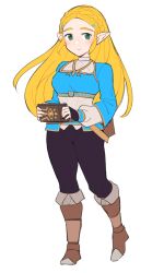 Rule 34 | 1girl, black pants, blonde hair, blue shirt, blush, boots, braid, brown footwear, closed mouth, crown braid, do m kaeru, flat color, forehead, full body, green eyes, hair ornament, hairclip, holding, long hair, looking at viewer, nintendo, pants, pointy ears, princess zelda, sheikah slate, shirt, simple background, smile, solo, the legend of zelda, the legend of zelda: breath of the wild, white background