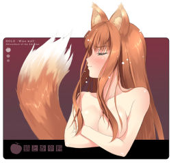 Rule 34 | 00s, 1girl, animal ears, blush, breasts, cleavage, closed eyes, holo, kantoku, medium breasts, nude, solo, spice and wolf, tail, topless frame, upper body, wolf ears, wolf tail