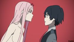 Rule 34 | 10s, 1boy, 1girl, black hair, blue eyes, breasts, caydee-6, clothed male nude female, couple, darling in the franxx, facing another, fringe trim, from side, green eyes, hetero, hiro (darling in the franxx), horns, large breasts, long hair, looking at another, military, military uniform, necktie, nude, oni horns, pink hair, red horns, red neckwear, short hair, uniform, zero two (darling in the franxx)